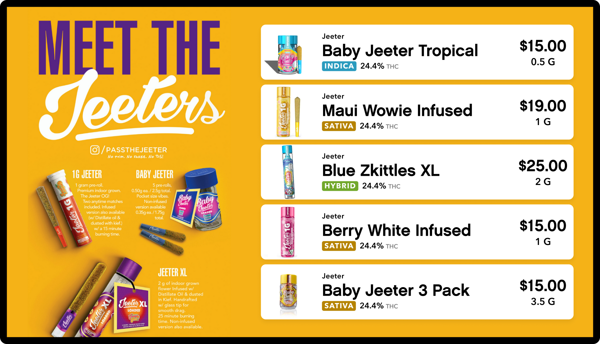 Brand showcase TV menu layout featuring Jeeter products