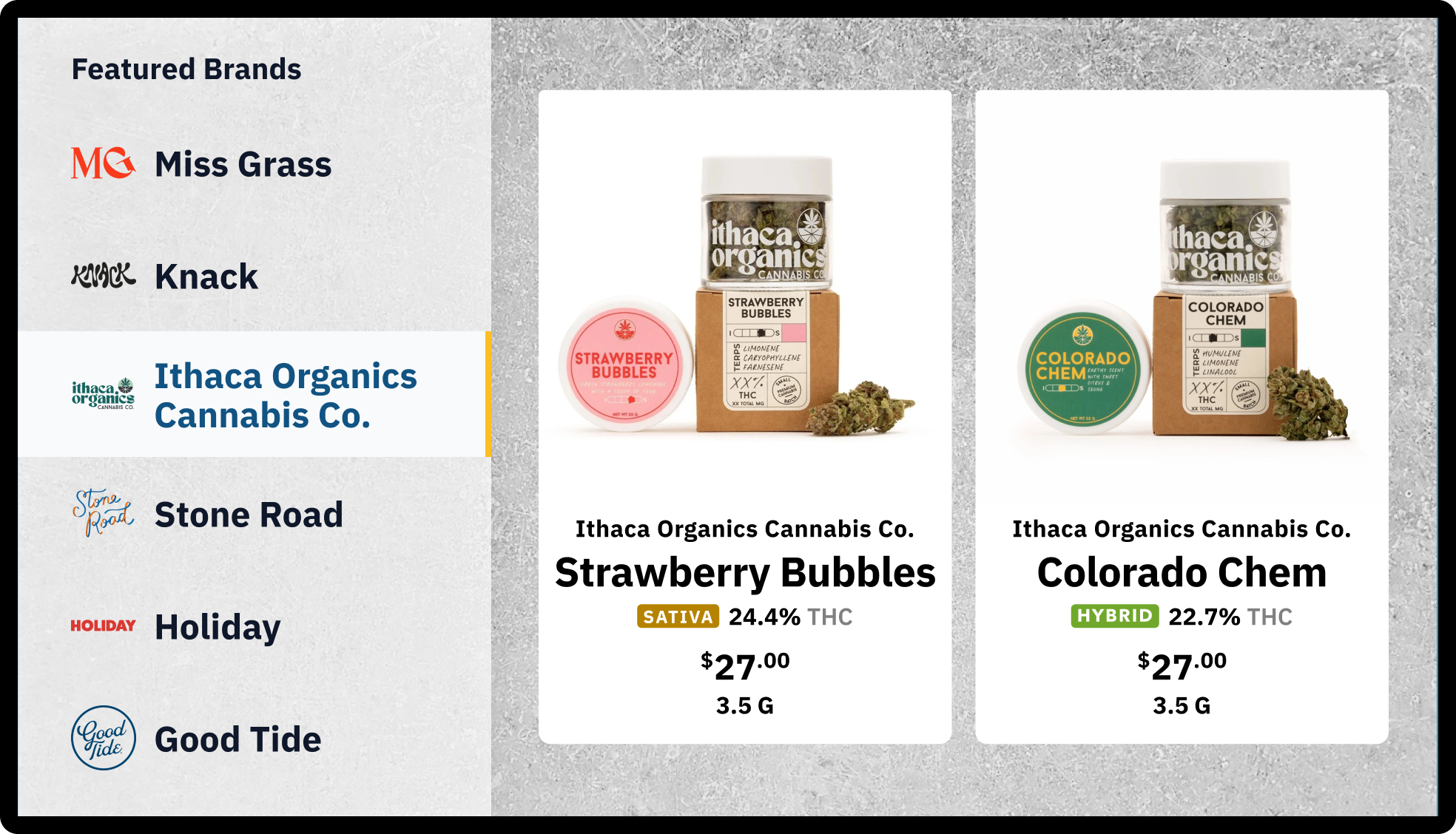 Brand sidebar layout beside the main dispensary menu