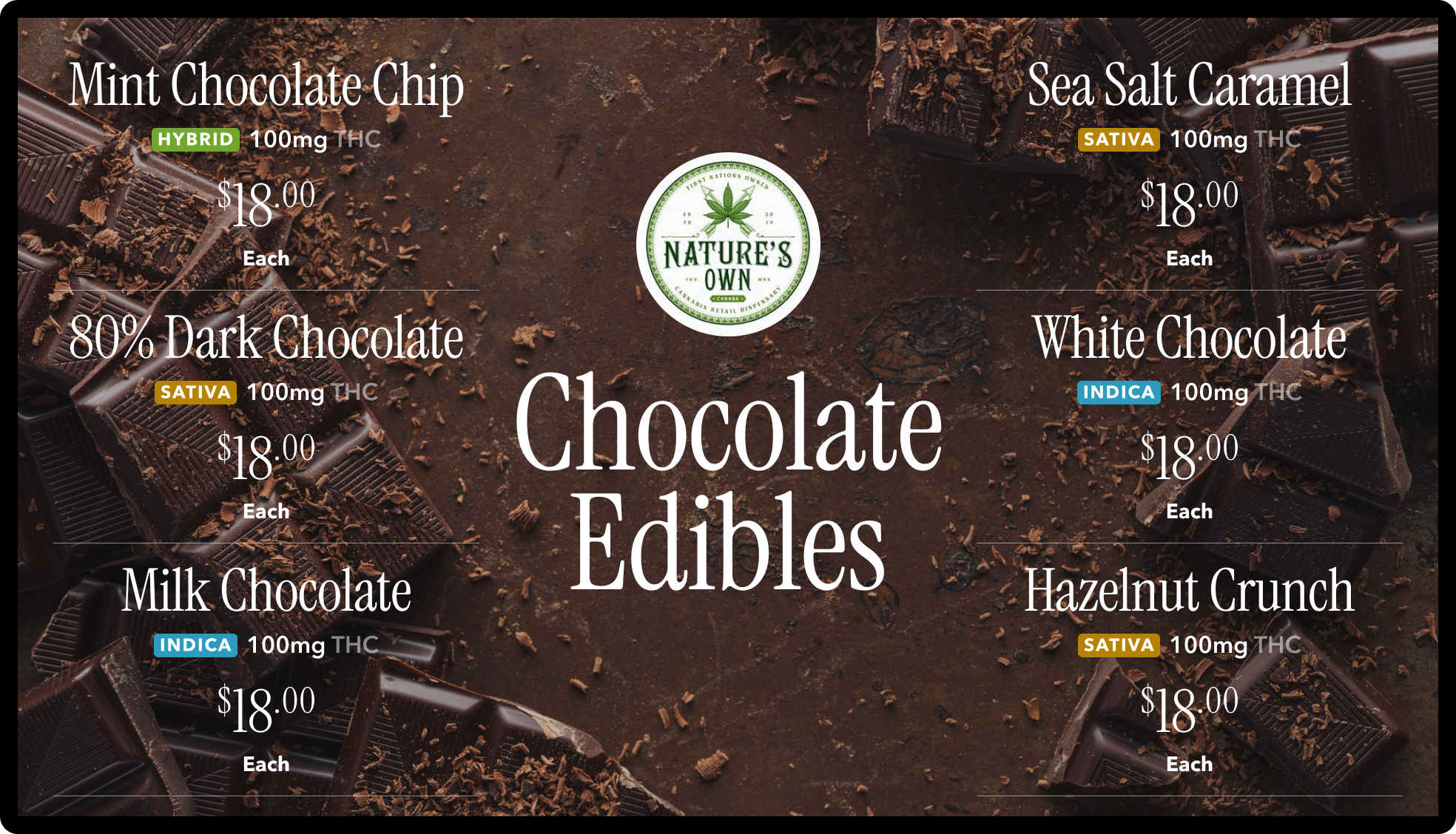 Chocolate edibles subcategory menu layout