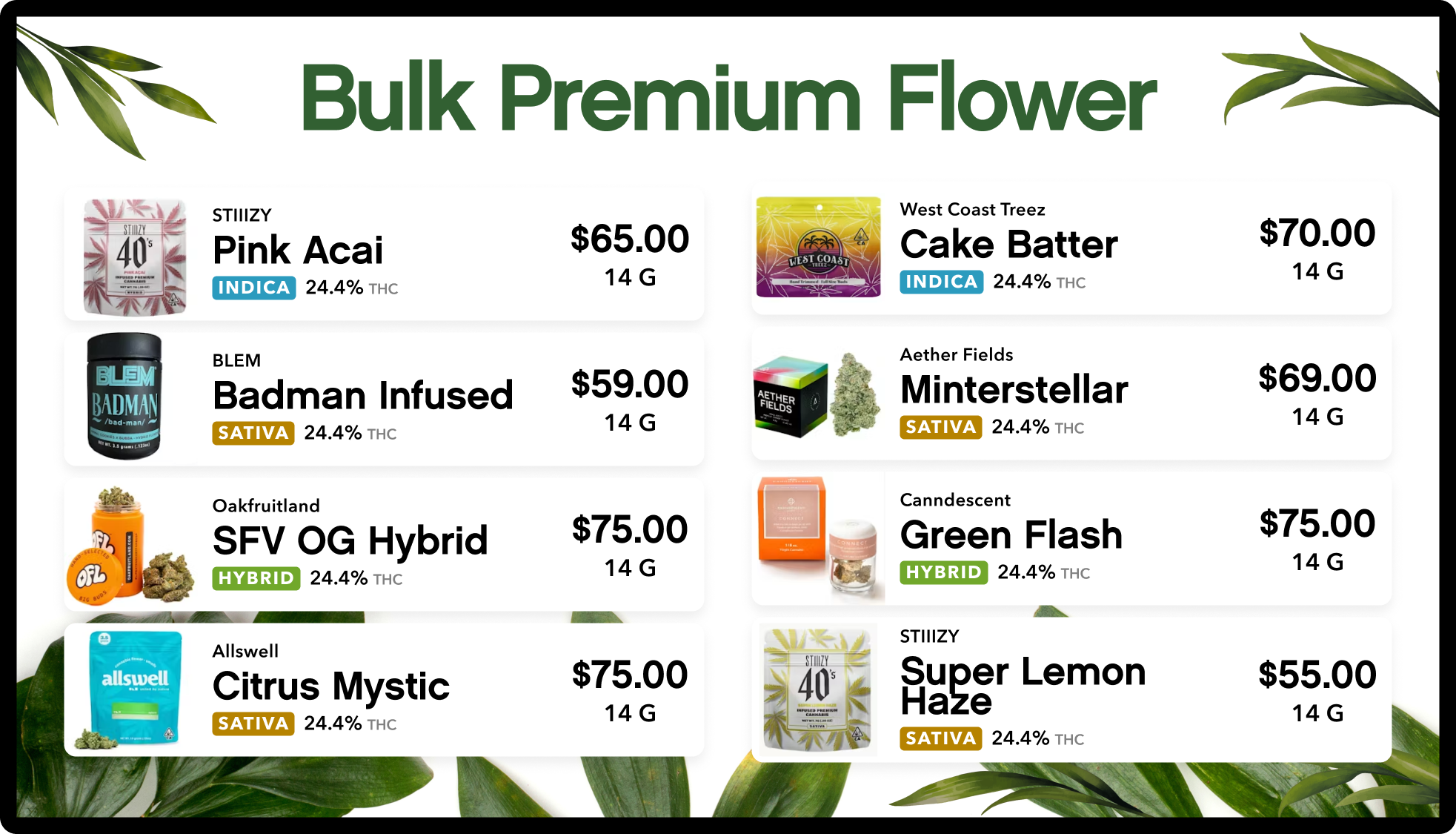 Flower category TV menu layout with strains, weights, and prices