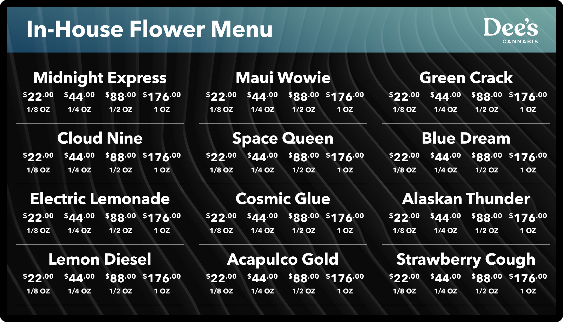 Deli-style flower menu with prices for every weight