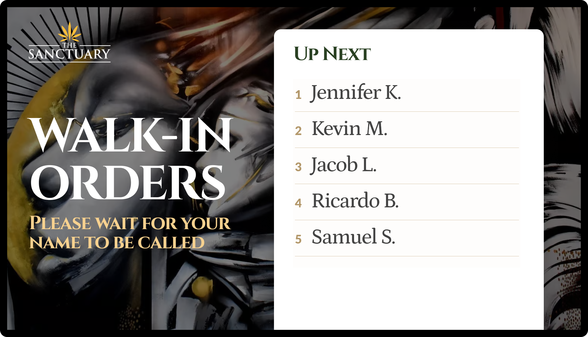 Queue board layout showing next-up and order-ready customers