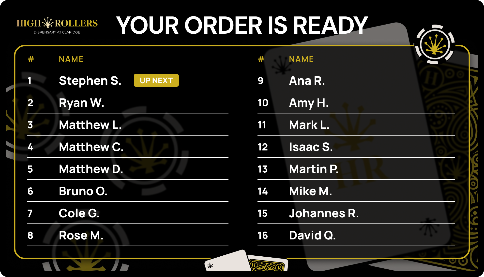 Order pickup queue board on a dispensary TV