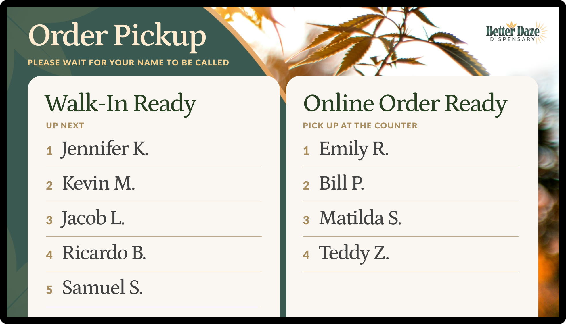 Online pickup order status board
