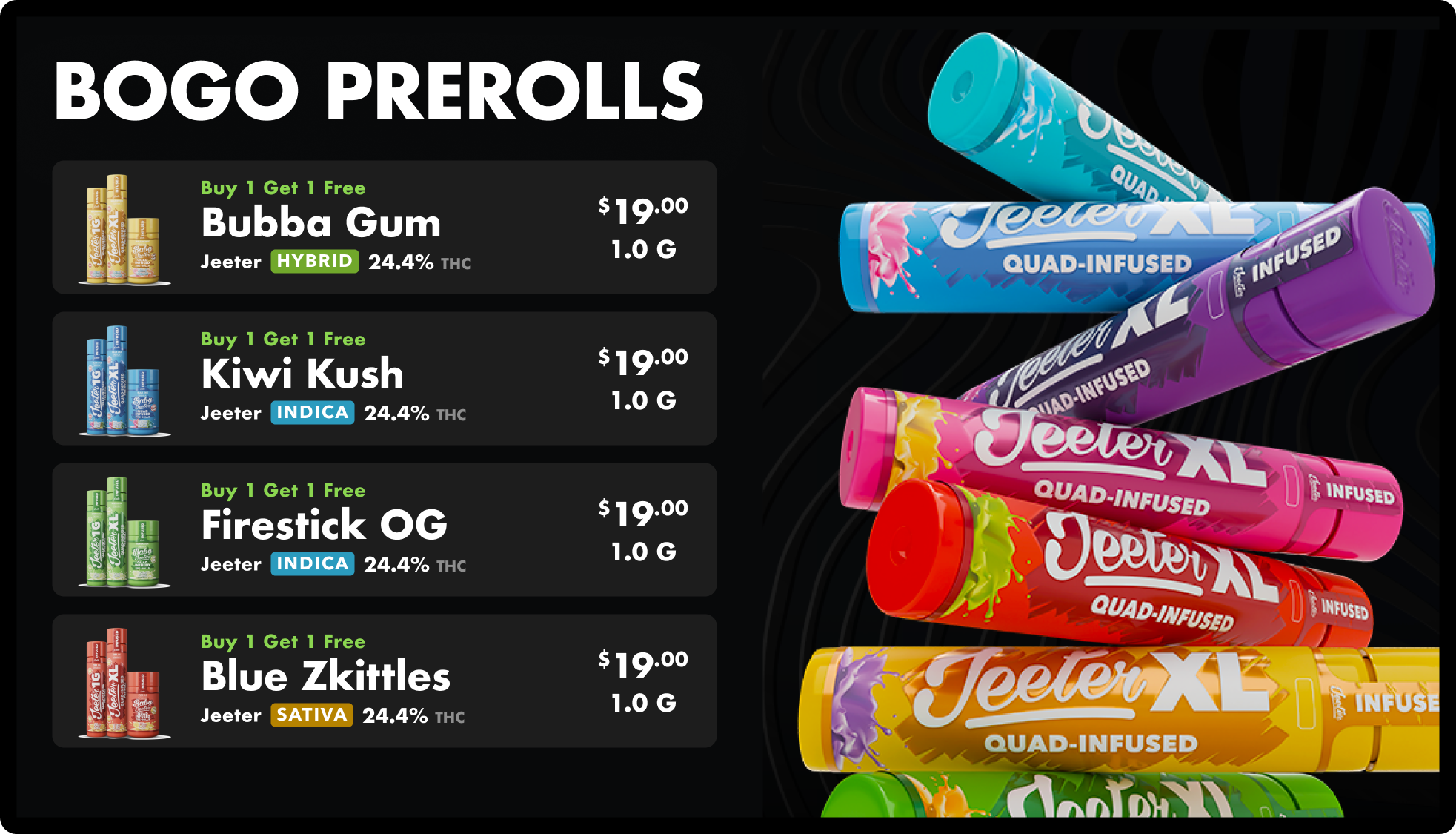 Pre-roll specials layout on a dispensary TV menu