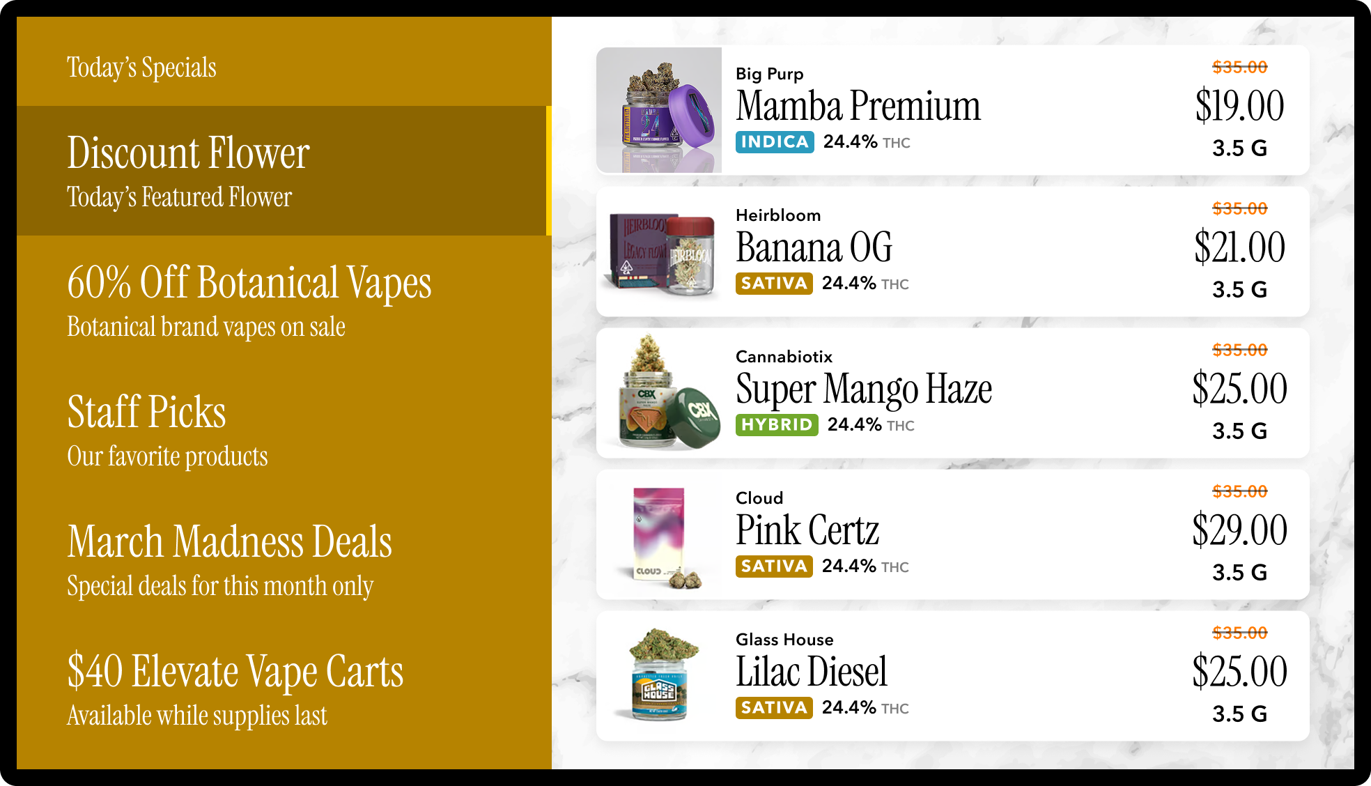 Seed TV menu layout with a specials sidebar next to the live product menu