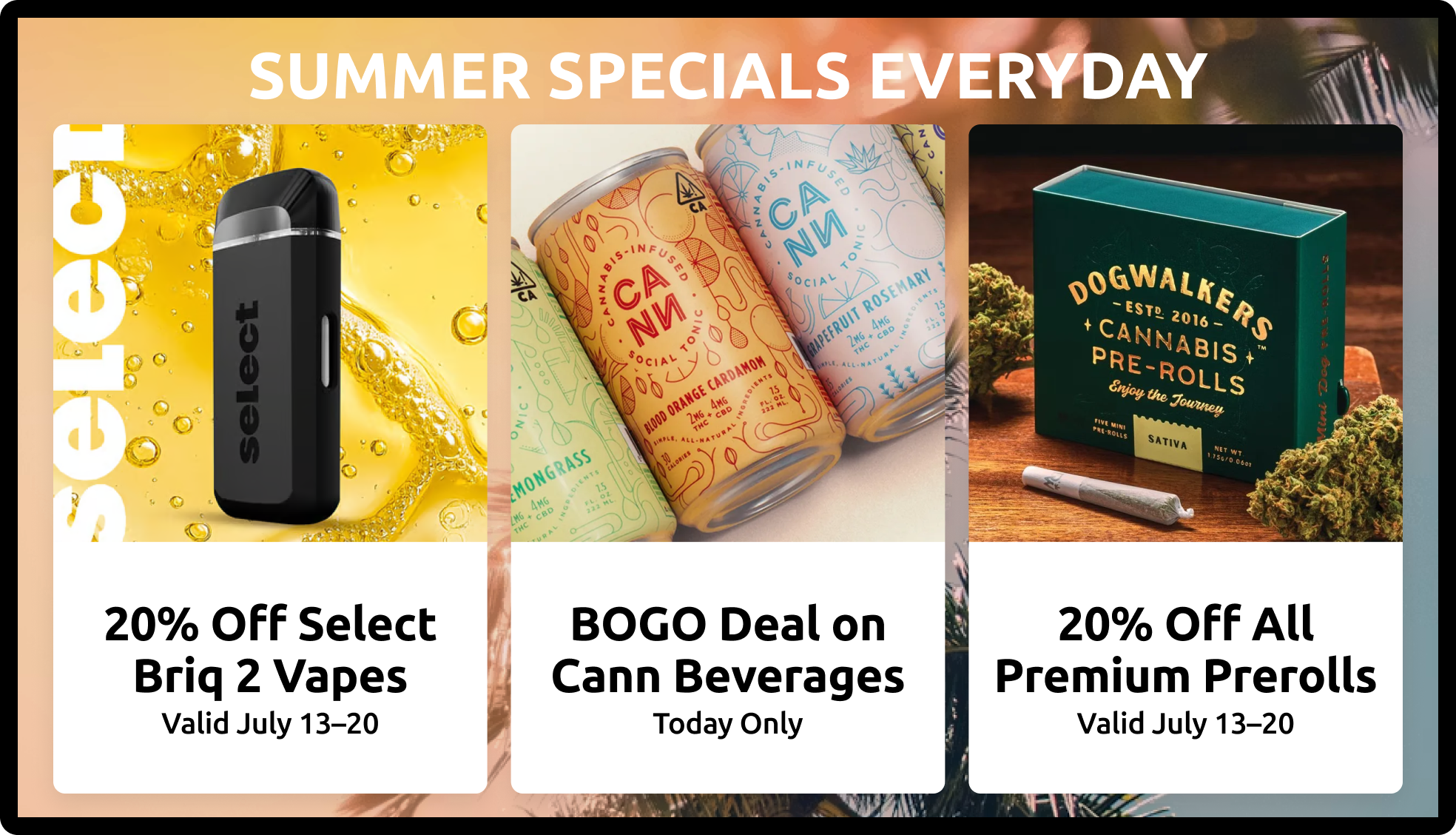 Seasonal three-column specials layout with summer theme