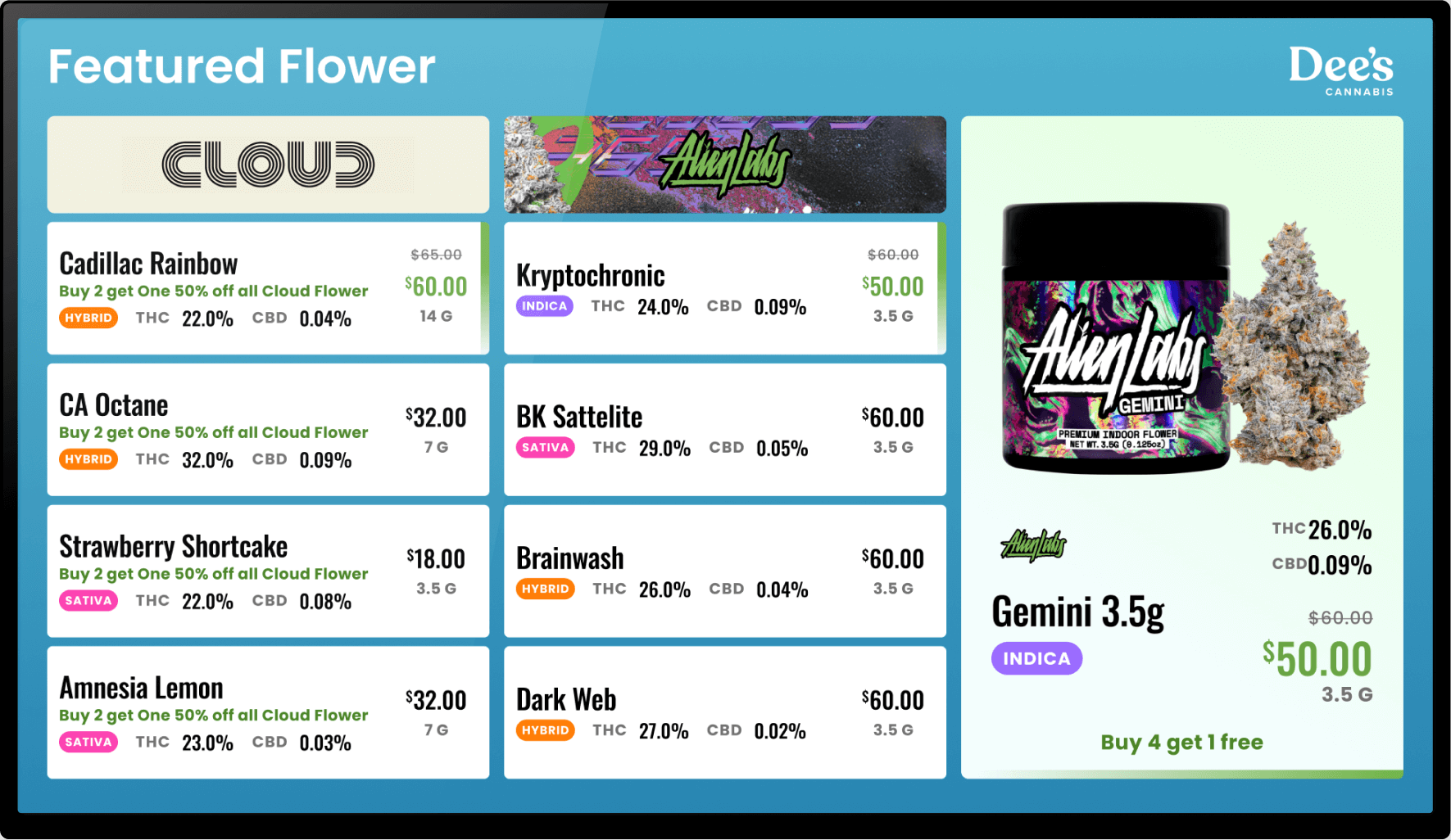 Seed TV menu displaying live dispensary products