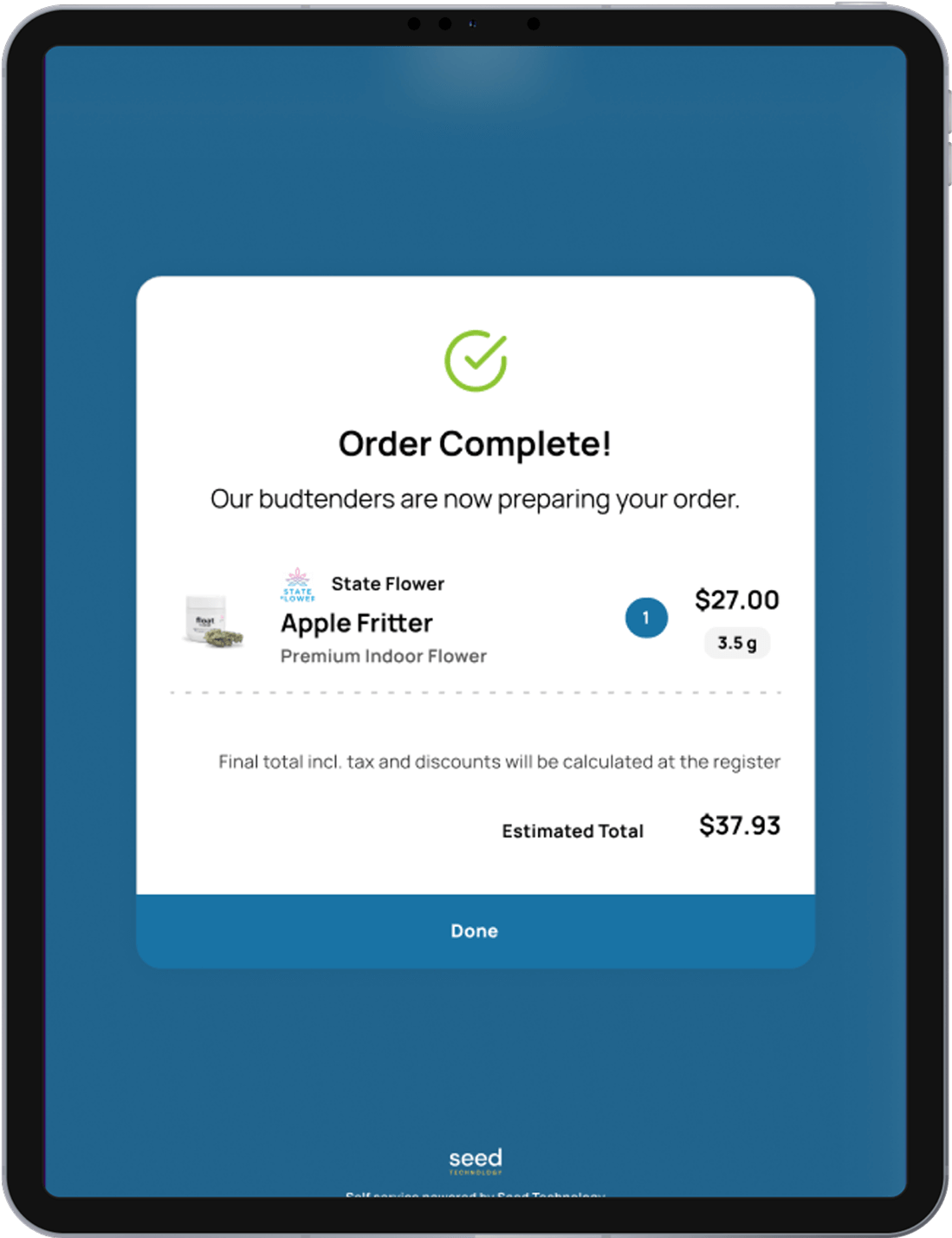 Seed Touch order complete screen